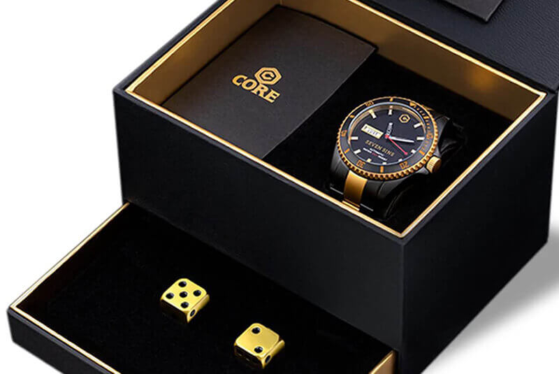 Mass Produced Custom Designed Core Timepieces Black Gold Packaging