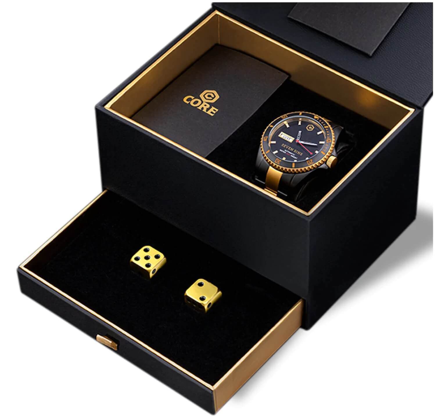 Mass Produced Custom Designed Core Timepieces Black Gold Packaging